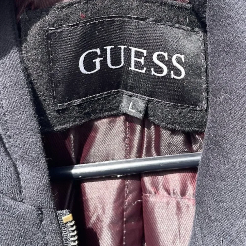 Vintage Guess Men’s Sz L Wool Long Pea Coat Black Full Zip Quilted Lining Hood